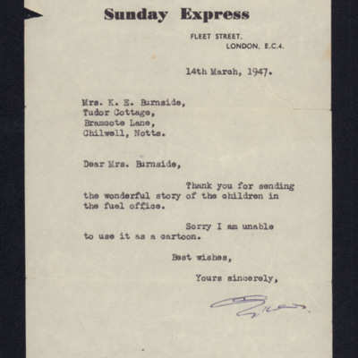 Letter from Giles at the Sunday Express to Kathleen Burnside